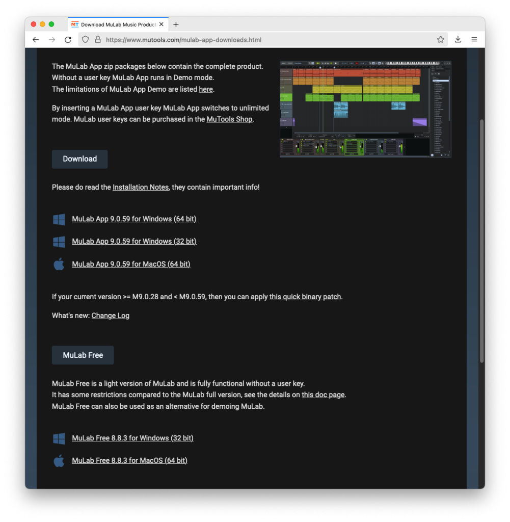 MuTools社の MuLab のダウンロードページ