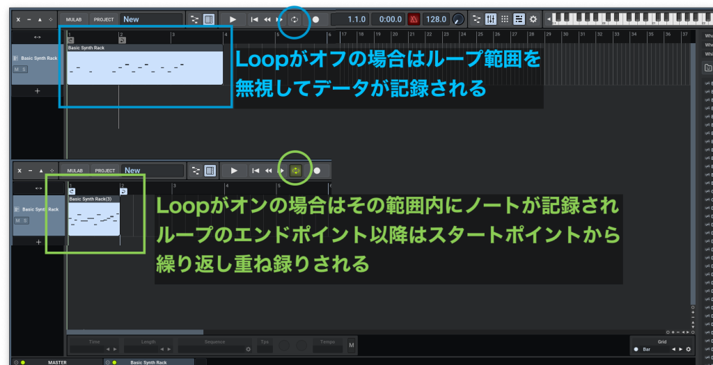 MIDIリアルタイムレコーディング時のループポイントの挙動